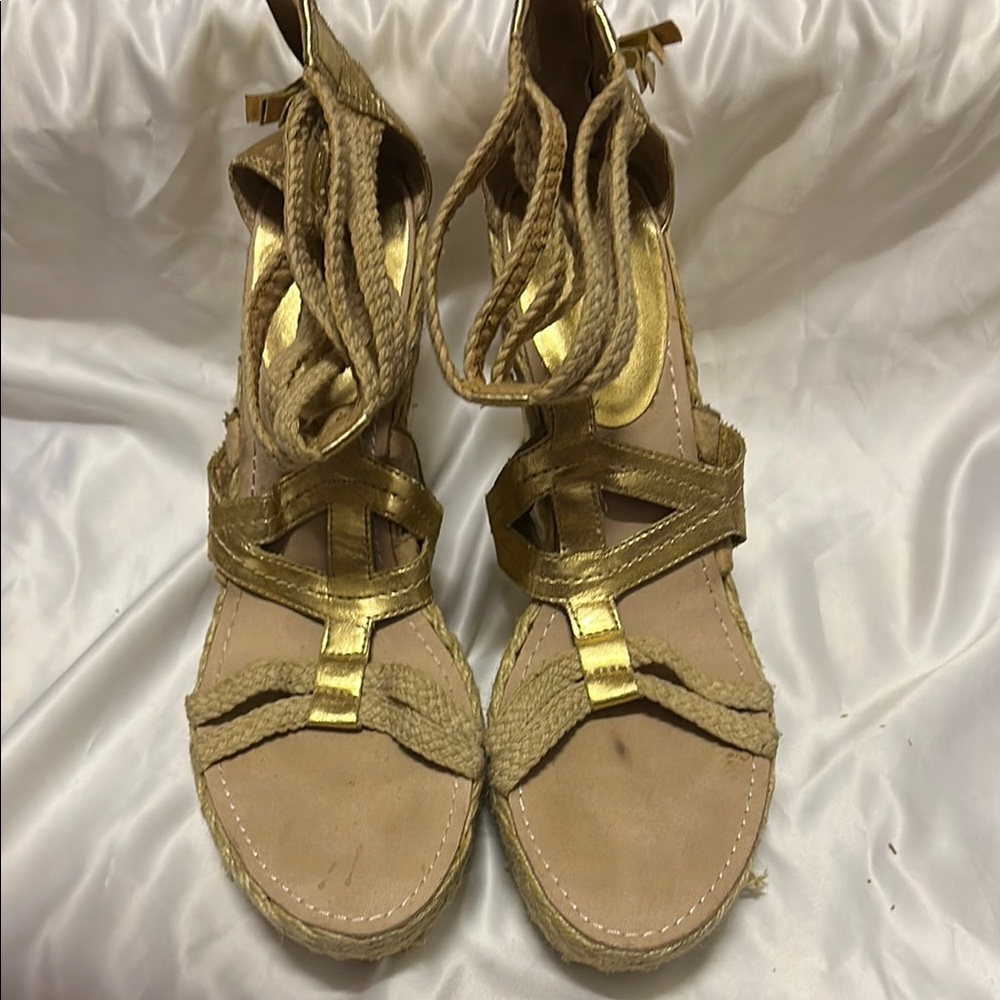 Gold Nine West Strappy Wedge Sandal